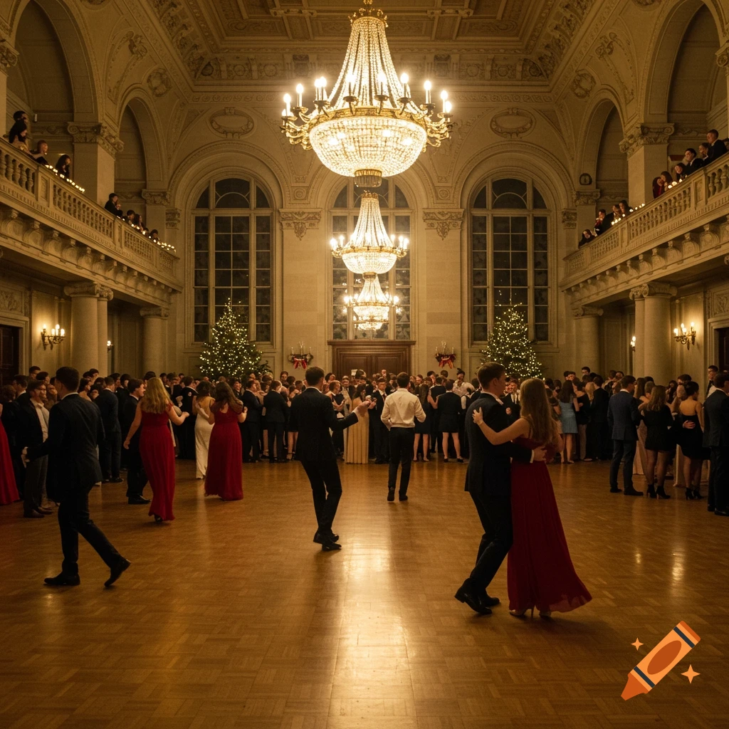 A grand ballroom is filled with formally dressed people dancing, illuminated by large chandeliers. Christmas trees are in the background.