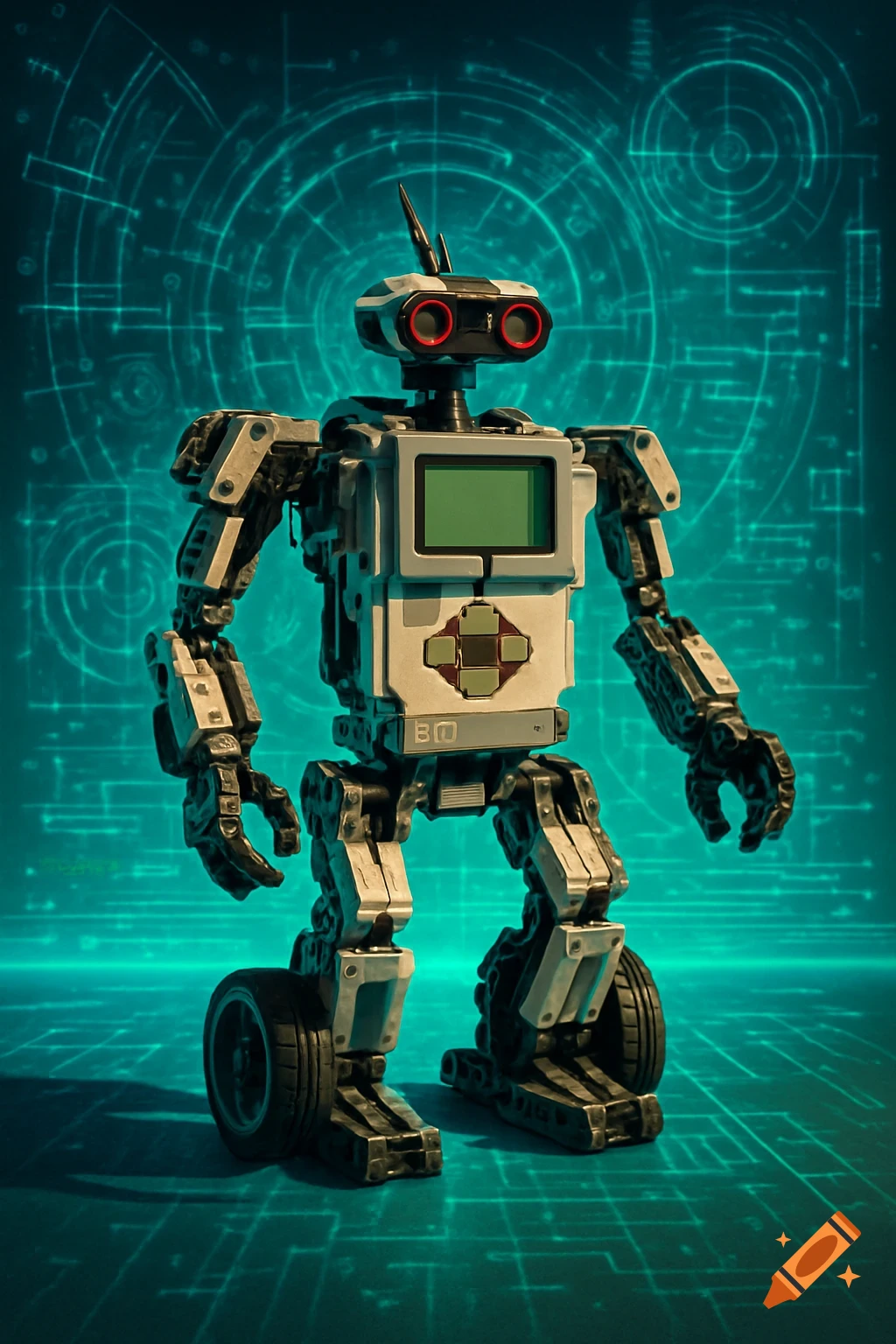 A photorealistic image of a Lego Mindstorms EV3 robot standing on a glowing teal circuit board background.