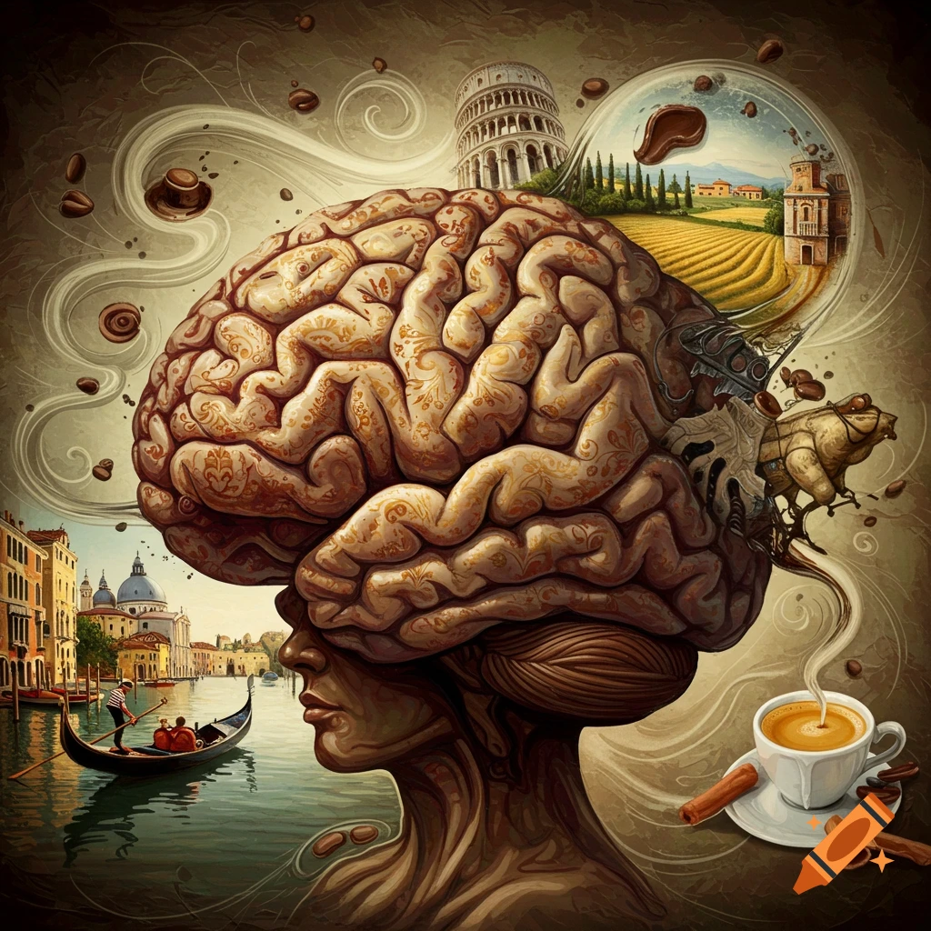 Surreal artwork of a human brain intricately patterned with Italian landscapes like Venice and the Colosseum, with coffee elements.