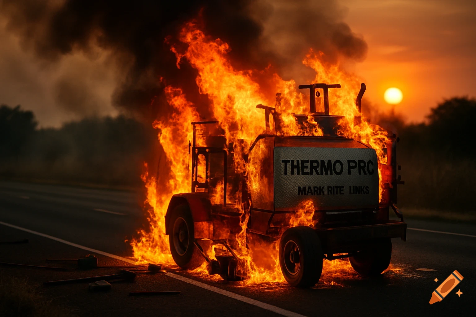 A road striping vehicle engulfed in large, bright orange flames and thick black smoke on the side of a highway at sunset.
