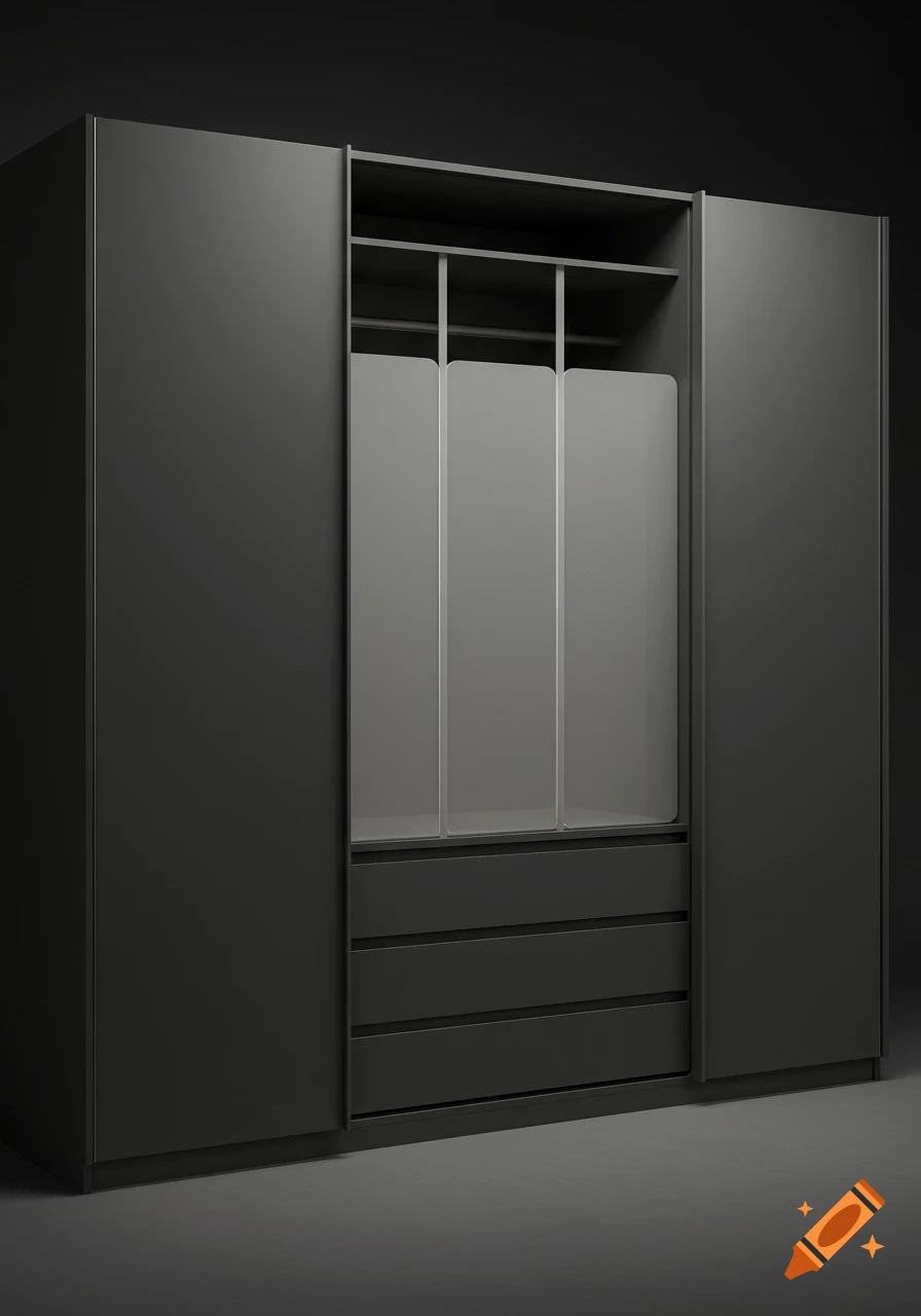 A dark grey wardrobe with a central section of three opaque translucent sliding doors and three dark grey drawers below, against a dark background.