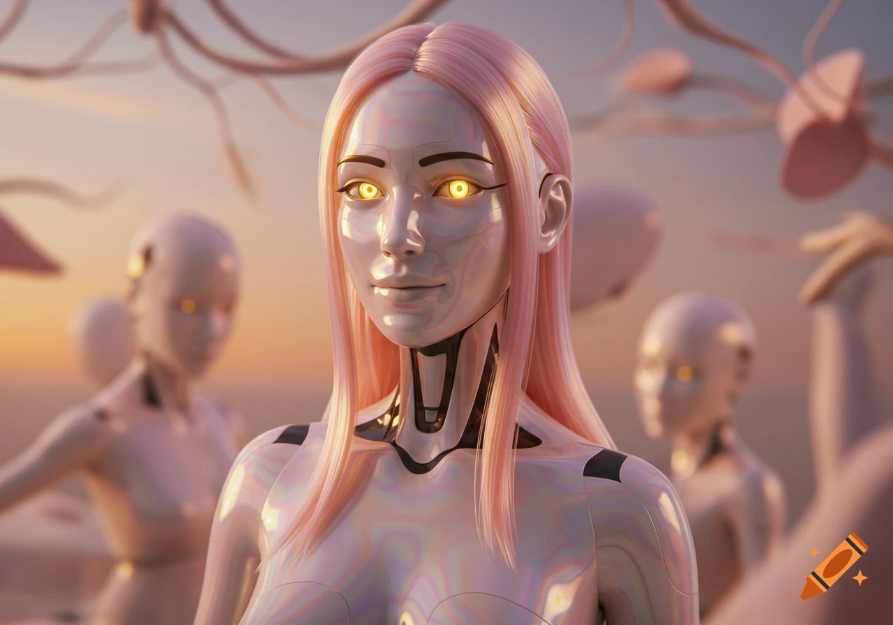 Photorealistic digital art of a female android with pink hair and glowing amber eyes, against a soft, dreamlike background with blurred figures.