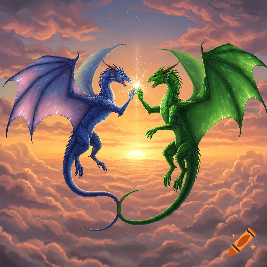 A blue dragon and a green dragon touch a glowing orb together in a vibrant sunset sky filled with clouds.