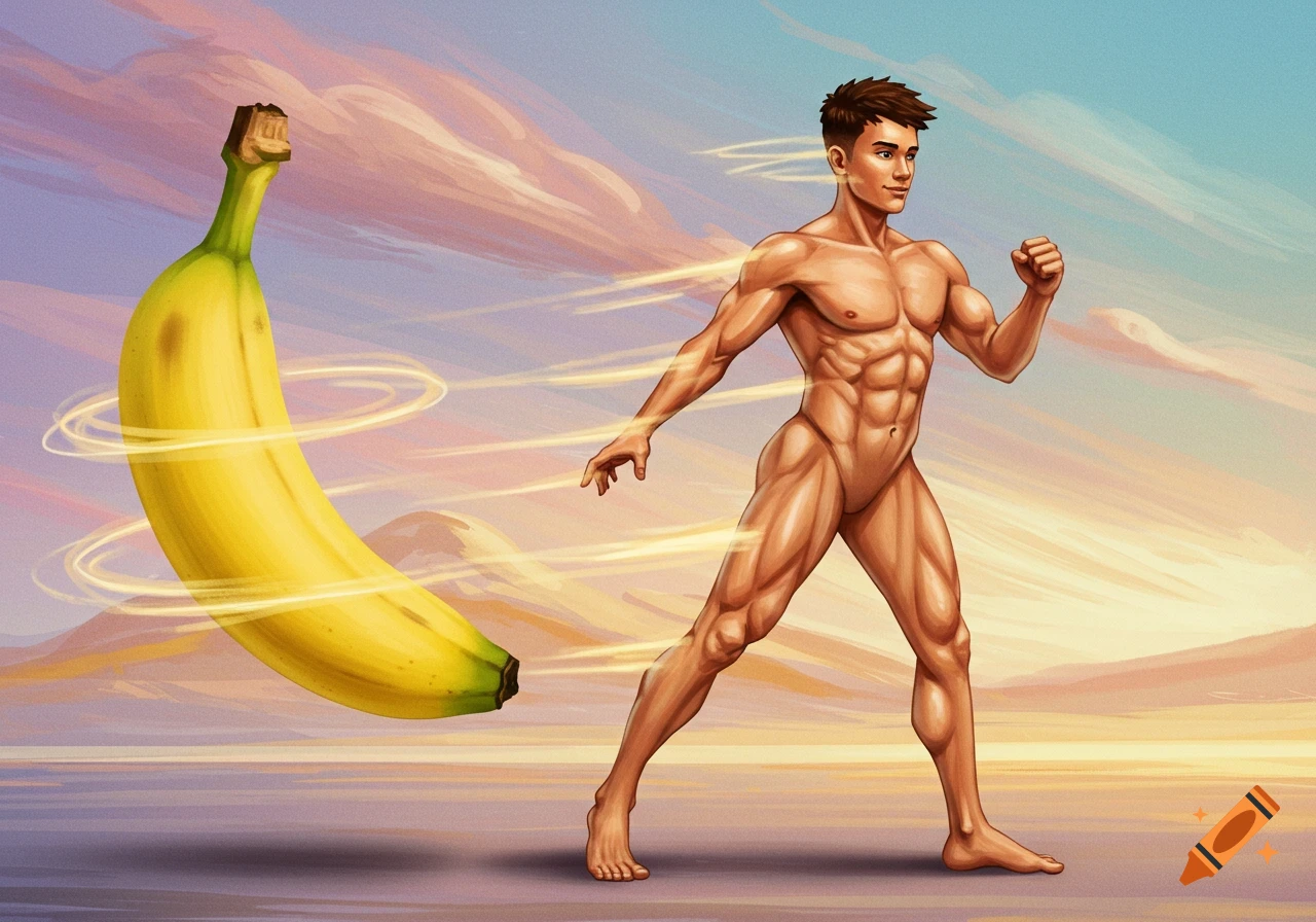 A muscular nude man runs alongside a giant banana with swirling energy trails in a stylized outdoor illustration.