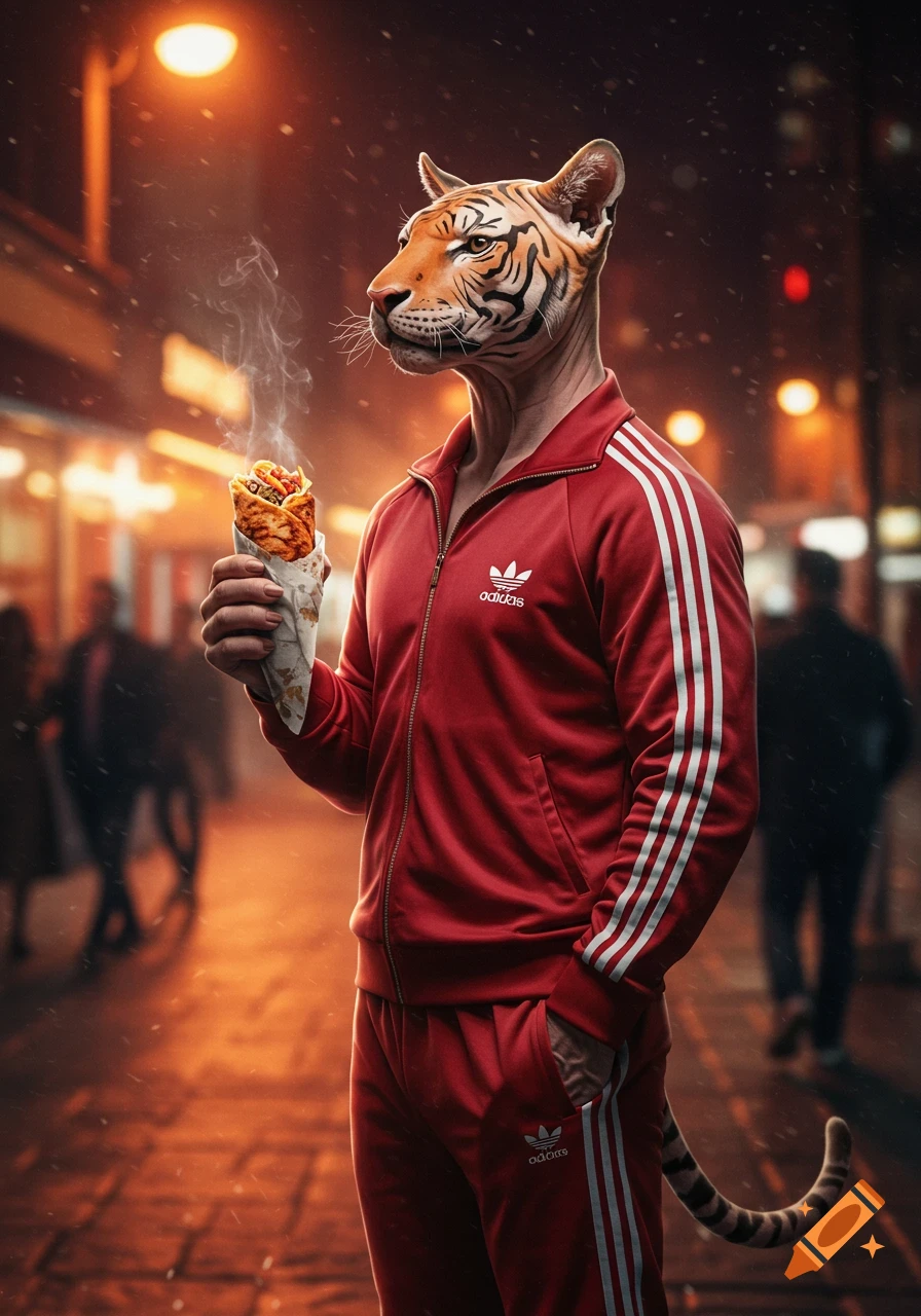 An anthropomorphic tiger-headed person in a red Adidas tracksuit holds a steaming döner kebab on a rainy urban street at night, looking left.