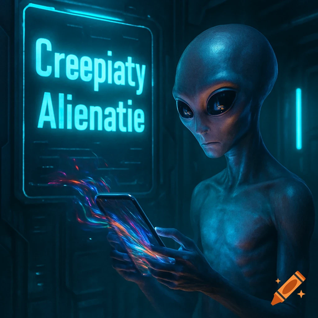 A grey alien staring at a glowing smartphone with neon text 'Creepiaty Alienatie' on a futuristic sign.
