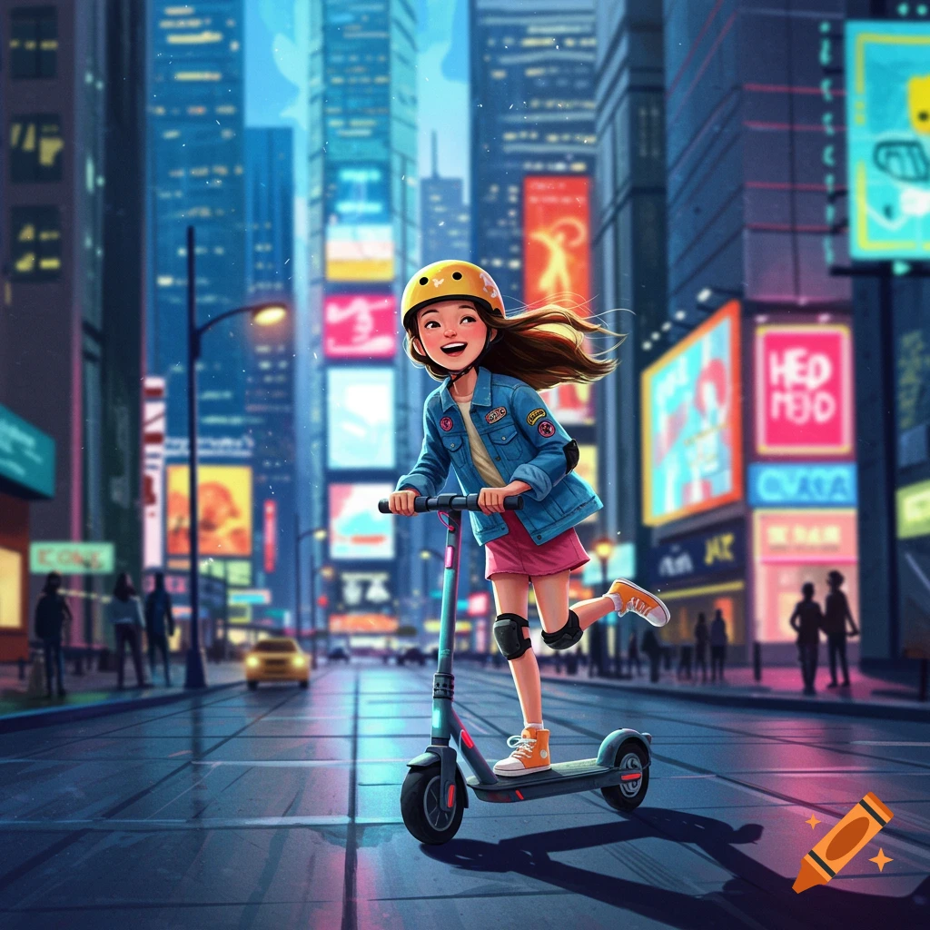 A happy cartoon girl in a yellow helmet rides an e-scooter on a vibrant city street with glowing billboards at dusk.