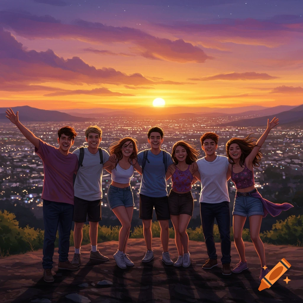 Six smiling young friends pose on a hilltop at sunset overlooking a city with twinkling lights, in an anime illustration style.