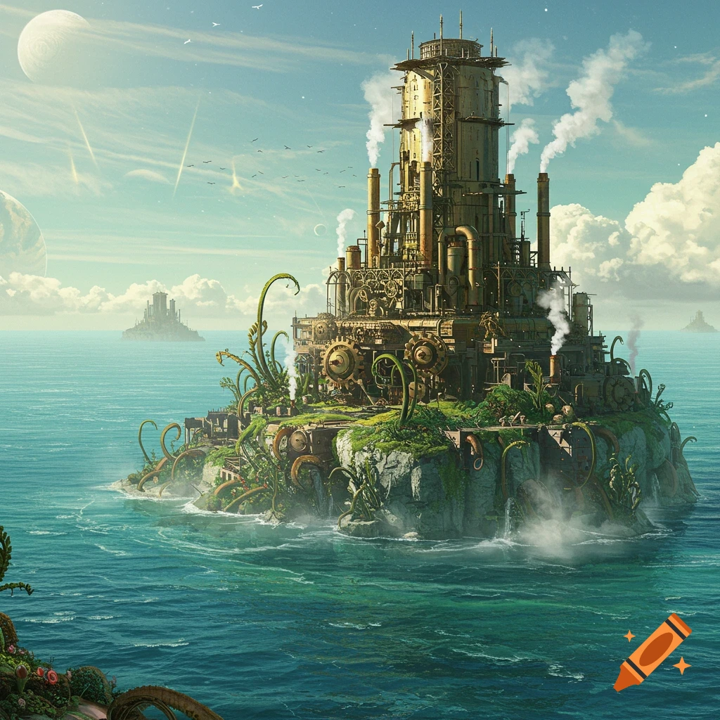 A detailed steampunk industrial island, covered in pipes, gears, and foliage, stands in a turquoise ocean under a sky with multiple moons.