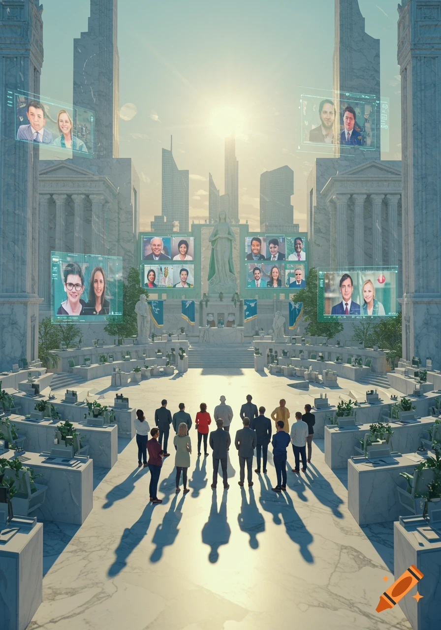 A futuristic marble amphitheater with a crowd of people watching large holographic screens displaying various faces, set against a bright cityscape.