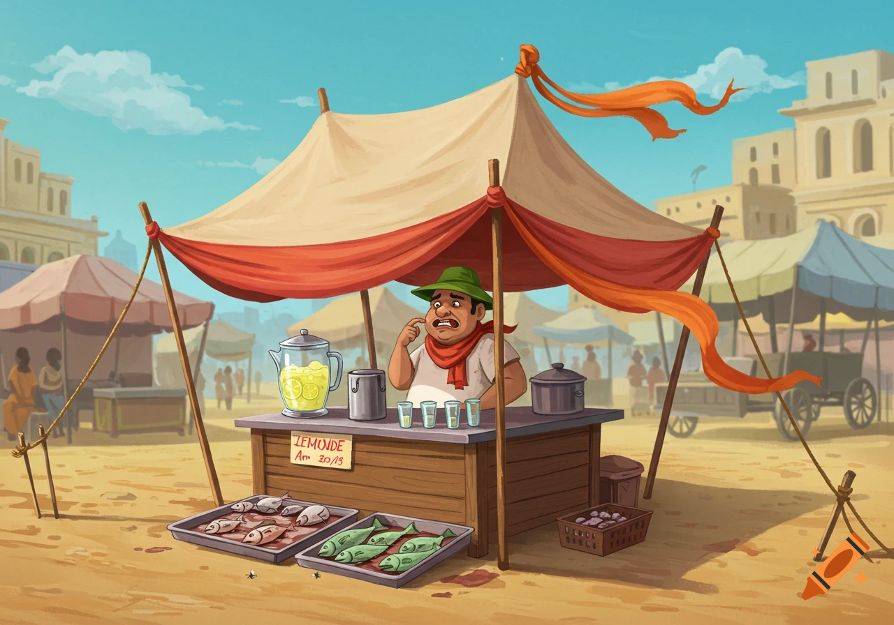 A chubby Indian lemonade vendor in a green hat and red scarf holds his nose, disgusted by trays of rotten fish at his market stall, cartoon illustration.
