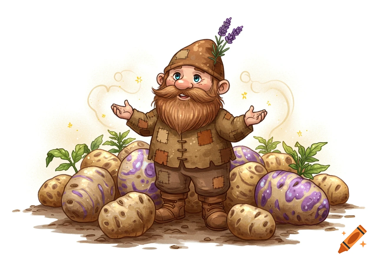 A friendly, bearded gnome wearing a patched brown outfit and hat with lavender, stands in a pile of potatoes.
