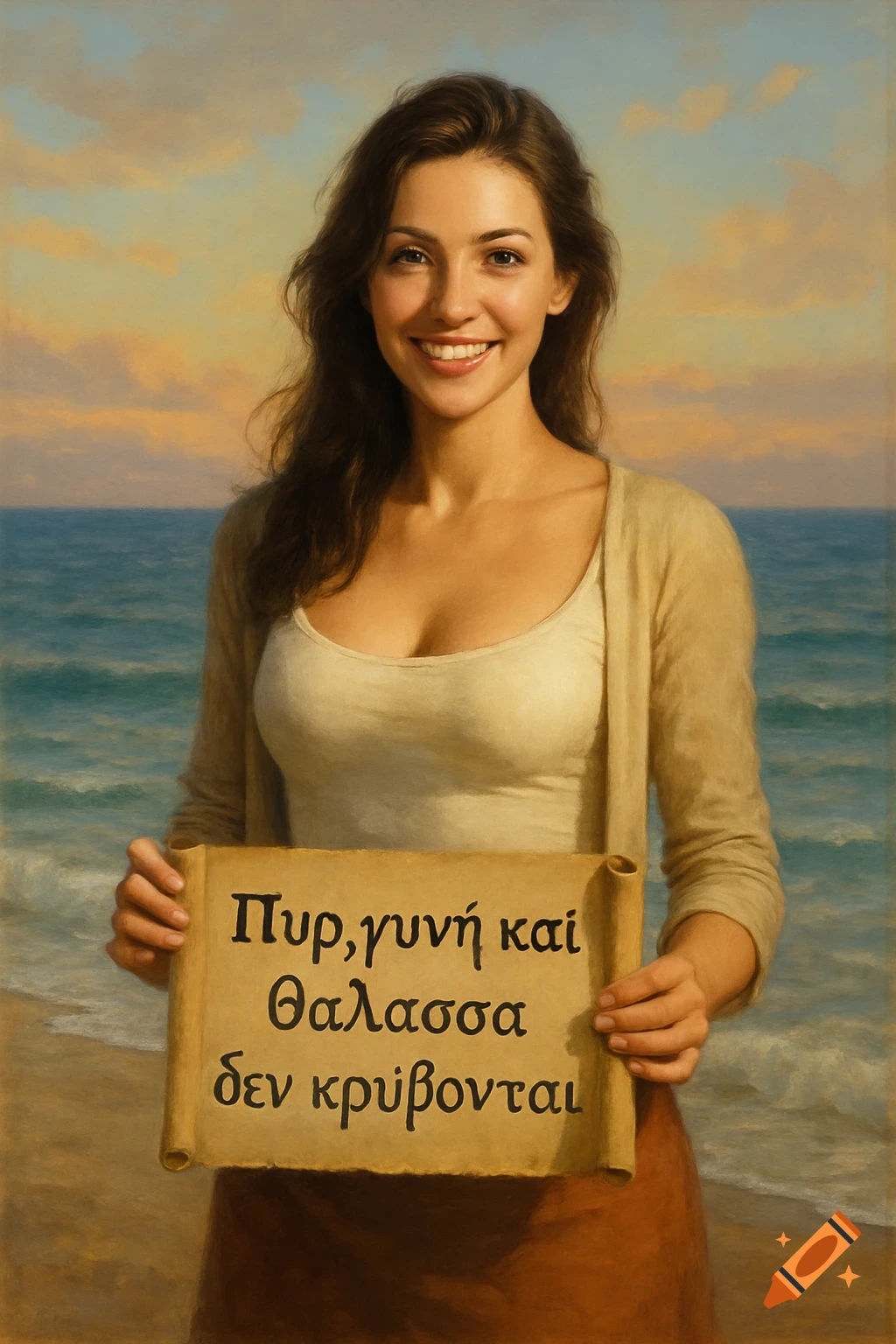 A smiling woman in a beige cardigan holds a scroll with Greek text on a beach at sunset, painted in a realistic style.