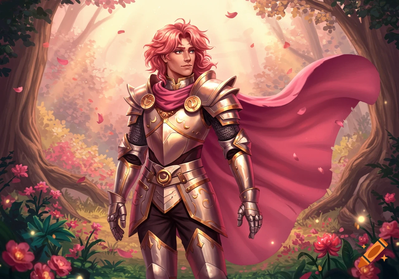 A pink-haired knight in shiny armor and a flowing pink cape stands in a vibrant, sunlit fantasy forest with falling pink petals and flowers.