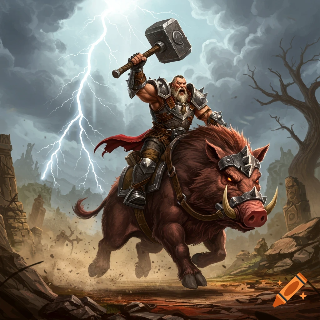 A bearded warrior in armor rides a wild boar, raising a hammer under a stormy sky with lightning in a ruined landscape. Digital art.