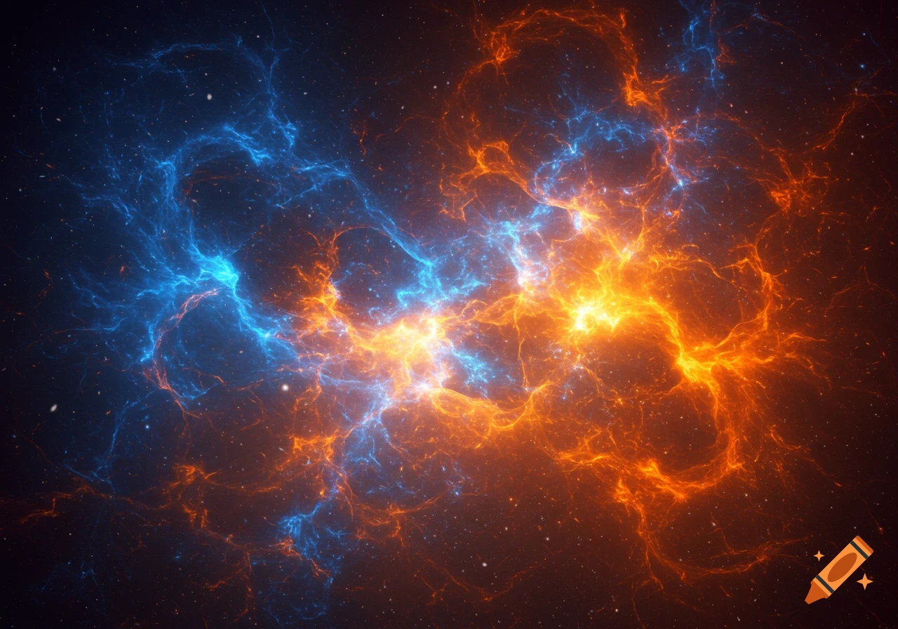 Abstract cosmic nebula featuring swirling blue and orange energy against a starry dark background.