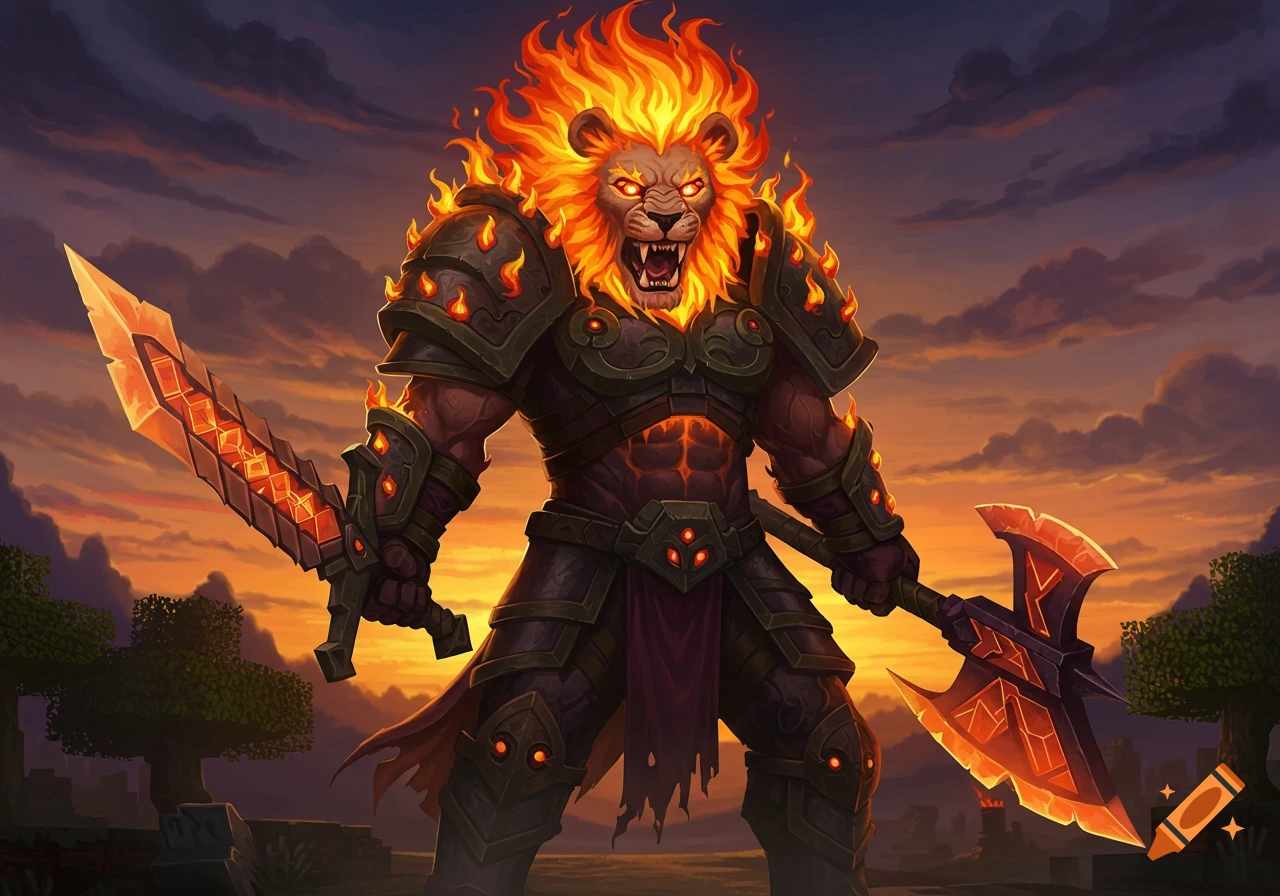 Muscular, lion-headed warrior with fiery mane and eyes, in dark enchanted armor, holding a glowing sword and axe.
