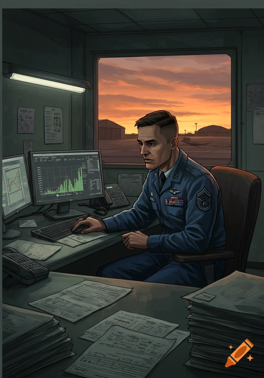 An air force officer in uniform sits at a desk with two computer monitors displaying data, an airfield outside, sunset. Digital art.
