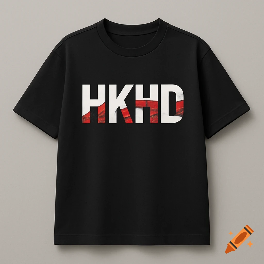 A black streetwear t-shirt with the white text logo "HKHD" filled with red distressed texture.