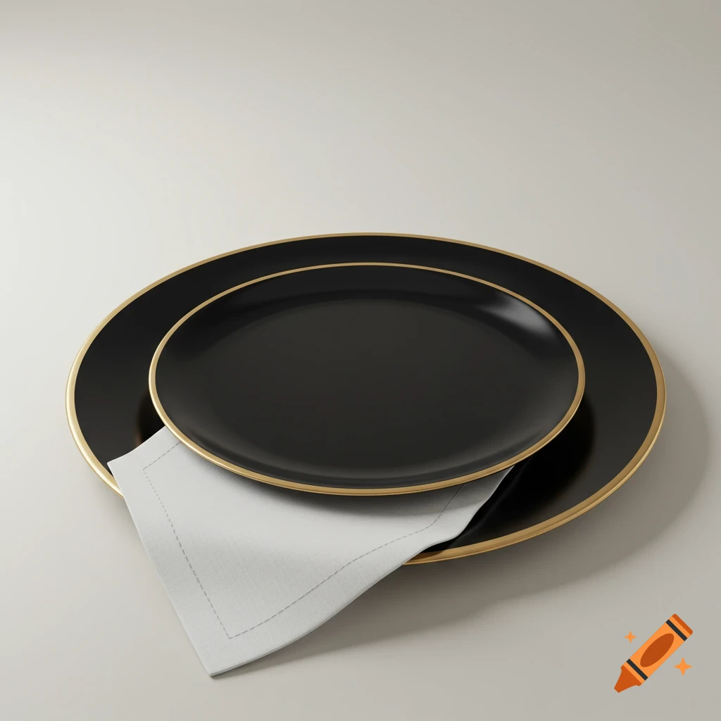 Two black plates with gold rims, one on top of the other, with a white folded napkin underneath, against a light background.