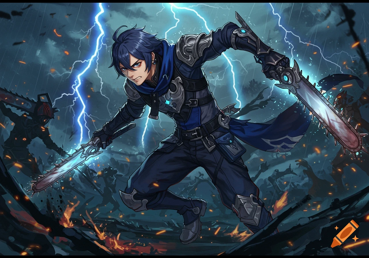 Anime warrior with blue hair in armor wielding two glowing chainsaw-like swords amidst lightning, fire, and shadowy figures in a battle.