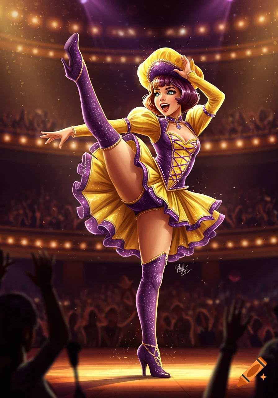 A stylized illustration of a female dancer in a sparkling purple and yellow costume performing a high kick on a stage.