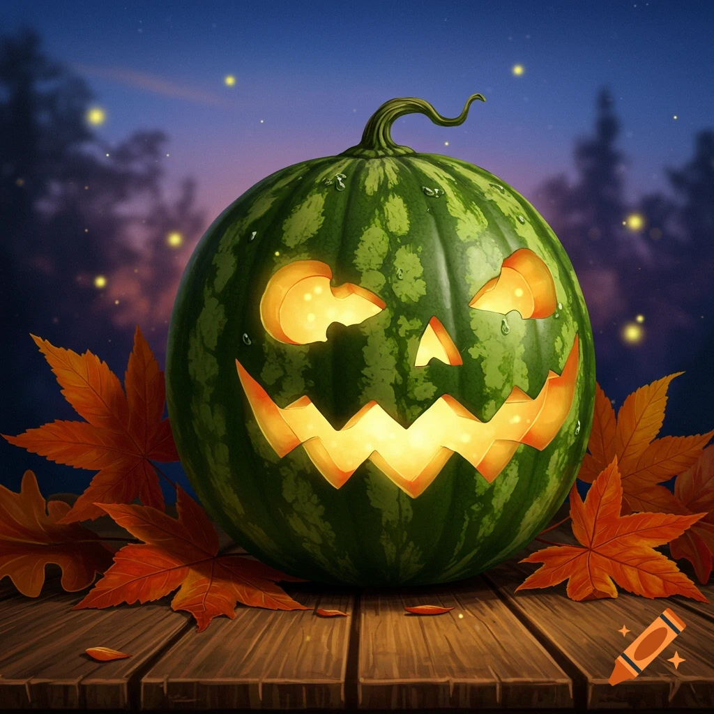 A carved watermelon jack-o'-lantern glows warmly on a wooden surface, surrounded by red and orange autumn leaves under a dark, starry night sky with fireflies.