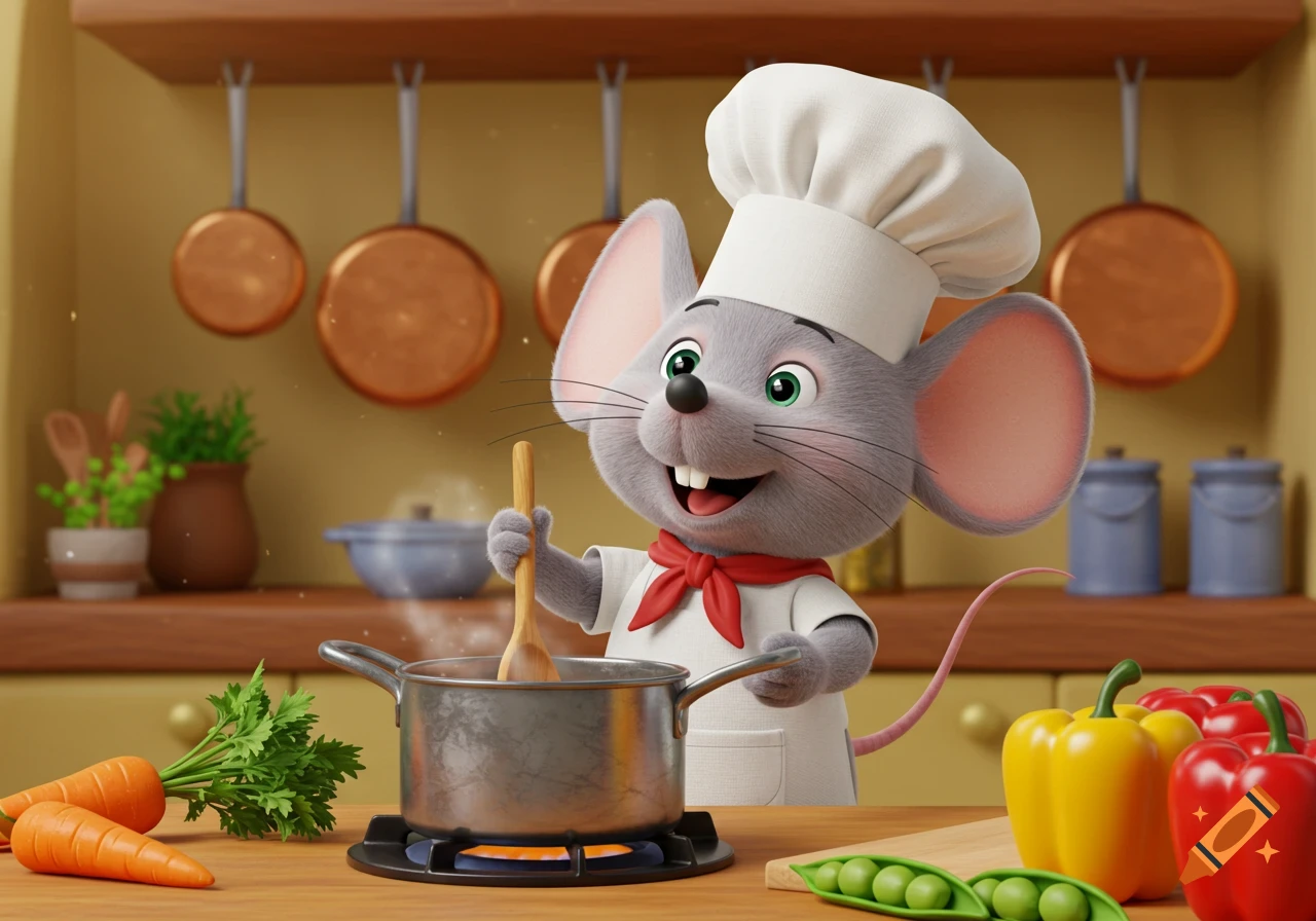 A friendly cartoon mouse chef wearing a white hat and apron stirs a pot on a stove in a colorful kitchen with vegetables.