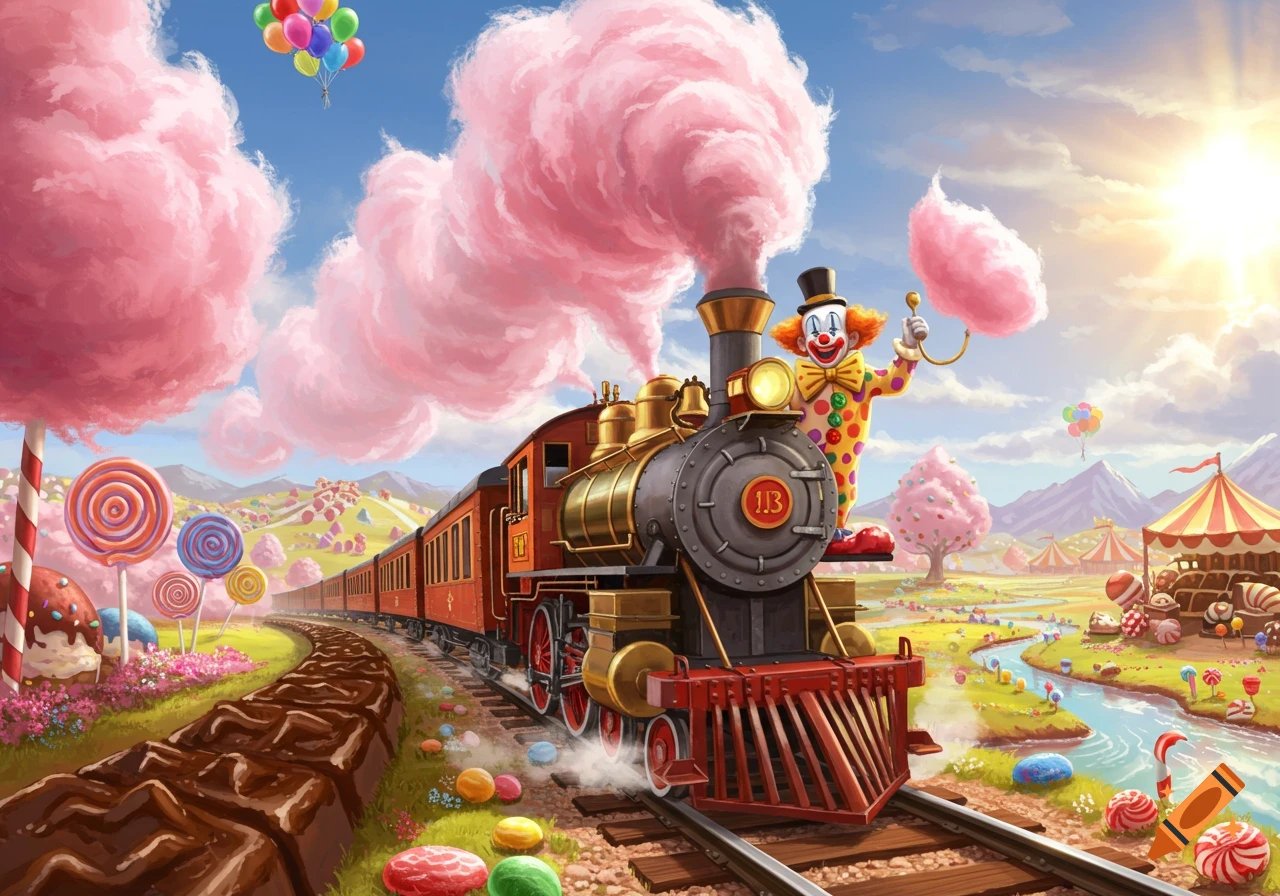 A cartoon clown on a train puffs pink smoke through a vibrant candy land filled with lollipops, chocolate, and sweets.