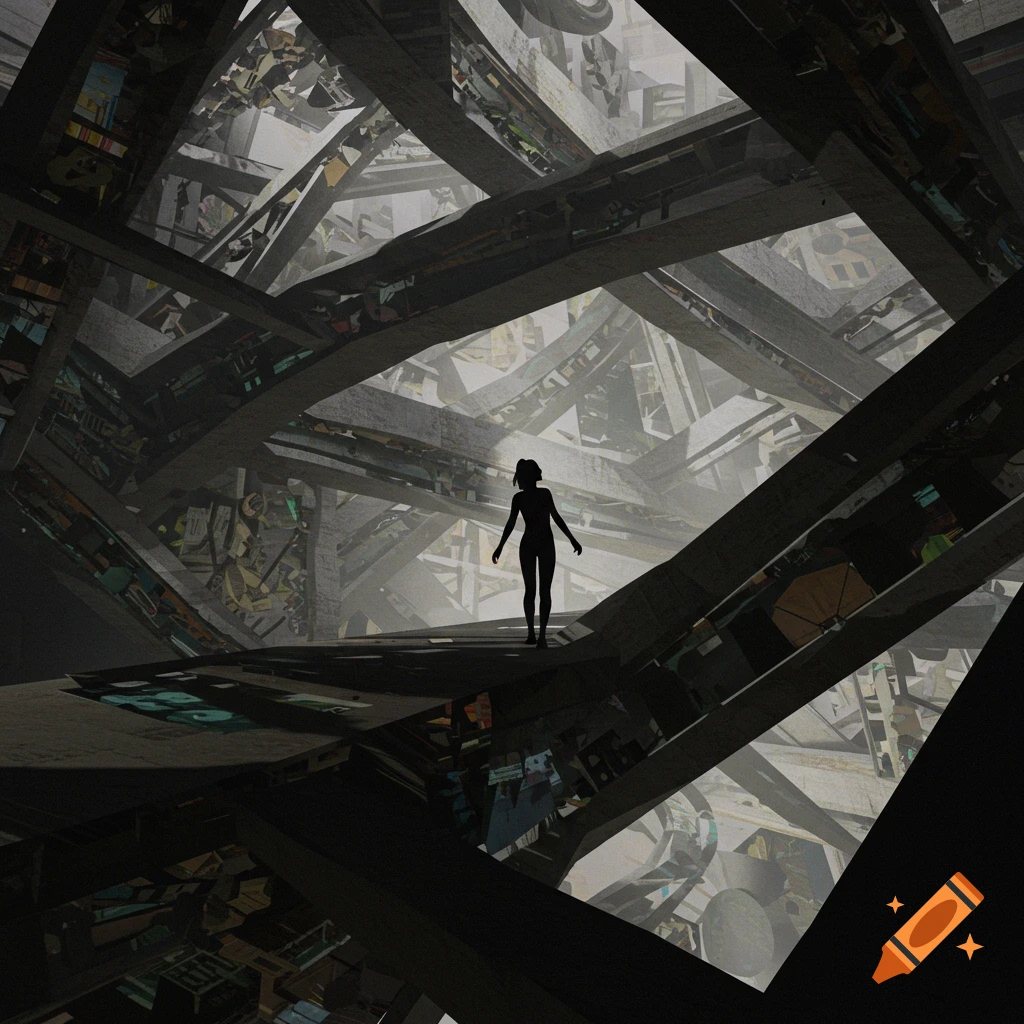 A silhouetted female figure stands in a vast, dark, and chaotic architectural space with concrete beams and fragmented structures, in a dystopian-poetic style.