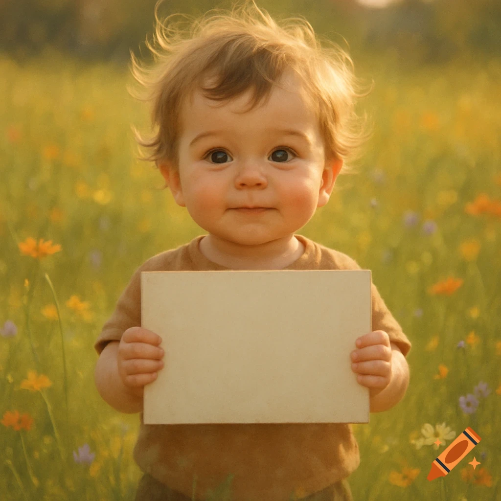 A cute baby with messy blonde hair stands in a field of wildflowers, holding a blank sign.