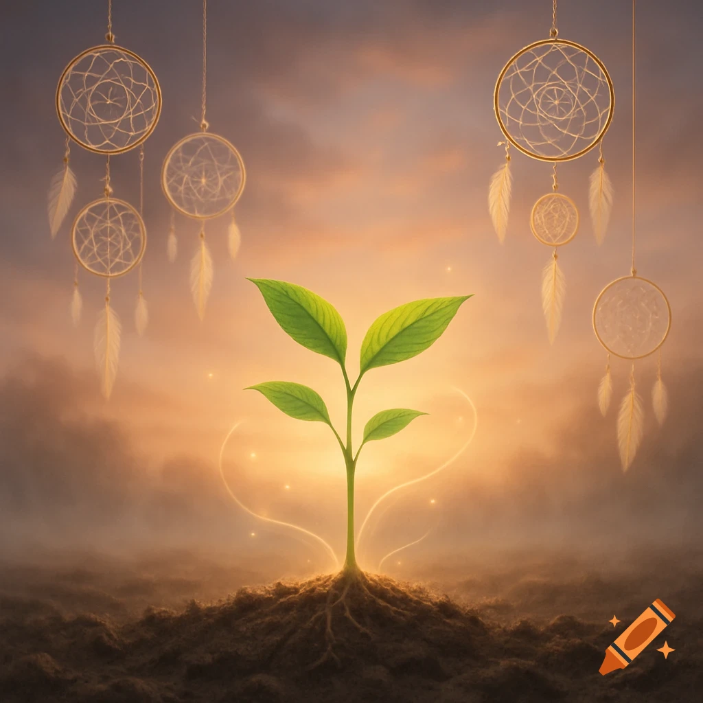 A small green plant with glowing roots sprouts from soil, with golden dreamcatchers hanging against a warm, cloudy sky.
