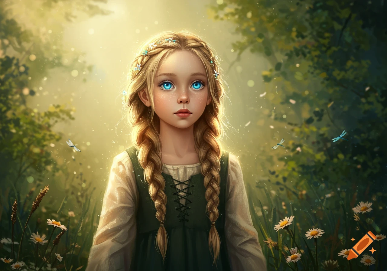 Digital painting of a blond girl with braided hair and glowing blue eyes in a sunlit fantasy forest, surrounded by small dragonflies.
