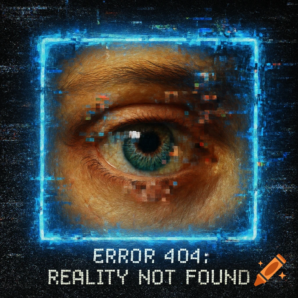 A hyper-realistic human eye with a glitching blue frame and pixel distortions, text 'ERROR 404: REALITY NOT FOUND', digital art.
