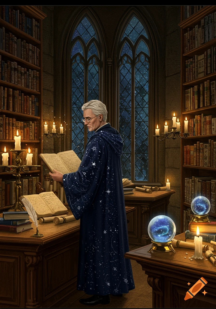 An old wizardly librarian reads a book in a grand candlelit library with arched windows and glowing crystal orbs.