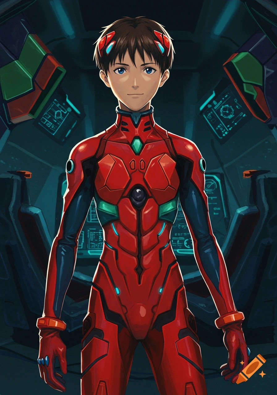 An anime illustration of Shinji in a red and black plugsuit with teal accents standing in a futuristic cockpit.