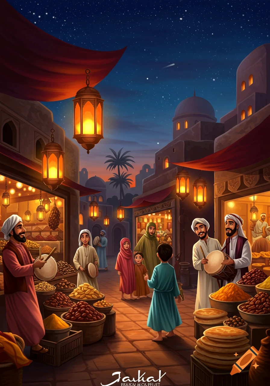 Vibrant illustration of a bustling Middle Eastern night market under a starry sky, with people, food stalls, and glowing lanterns.