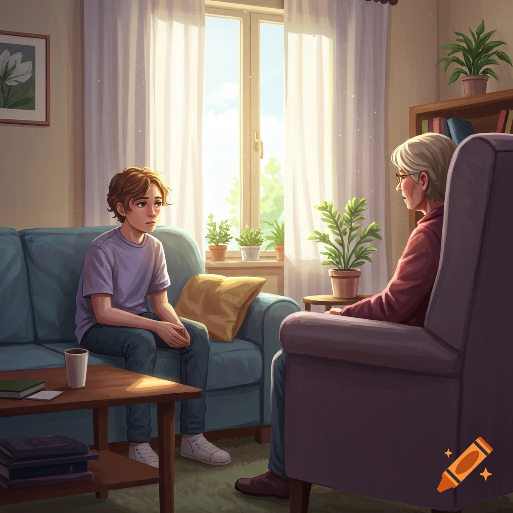 Illustration of a young person on a sofa talking to an older person in an armchair, depicting a counseling session in a bright room.