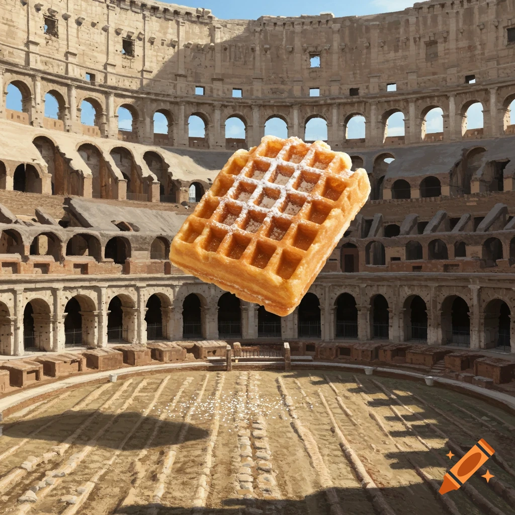 A powdered sugar waffle floats mid-air inside the ancient Roman Colosseum under a blue sky.