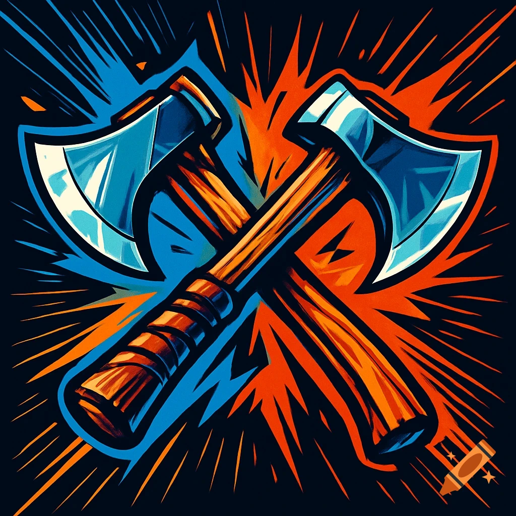 Two stylized axes crossed with vibrant blue and orange energy bursts on a dark background in a comic book style.