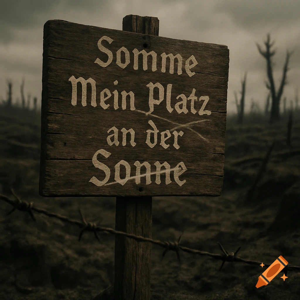 A weathered wooden sign in a desolate, war-torn landscape with barbed wire, reading "Somme Mein Platz an der Sonne" with "Sonne" crossed out.