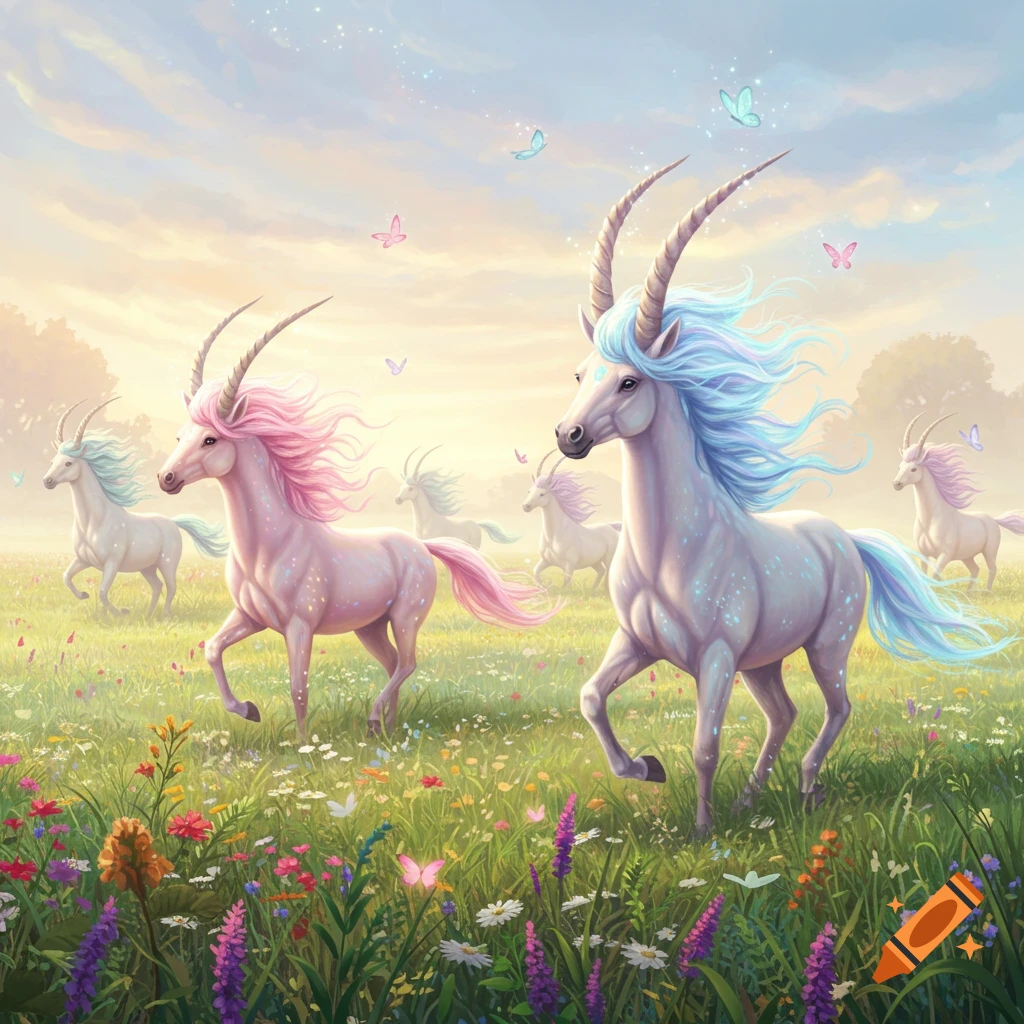 Several majestic unicorns with colorful manes and horns run through a vibrant, flower-filled meadow under a soft, dreamy sky.