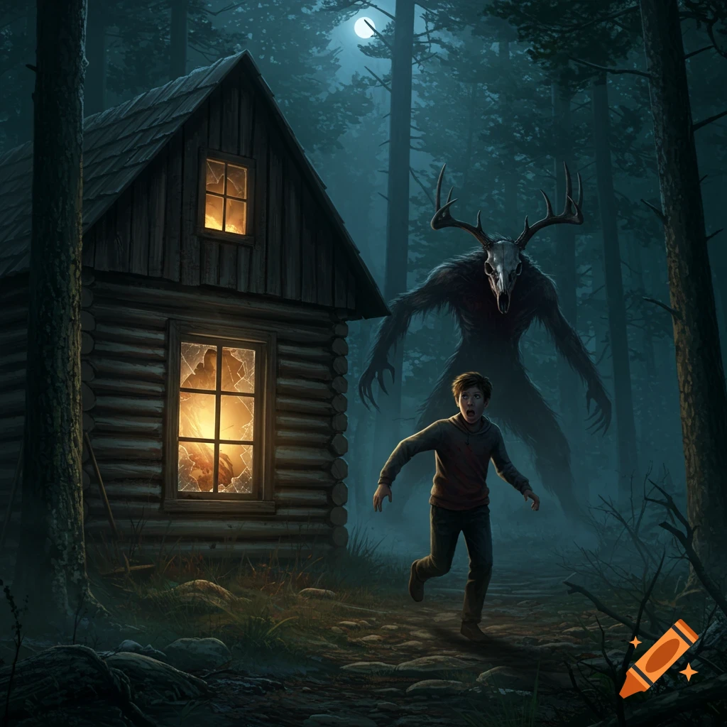 A scared teenager runs from a large, antler-skulled wendigo near a cabin with a broken window in a dark, foggy forest at night, illustration.