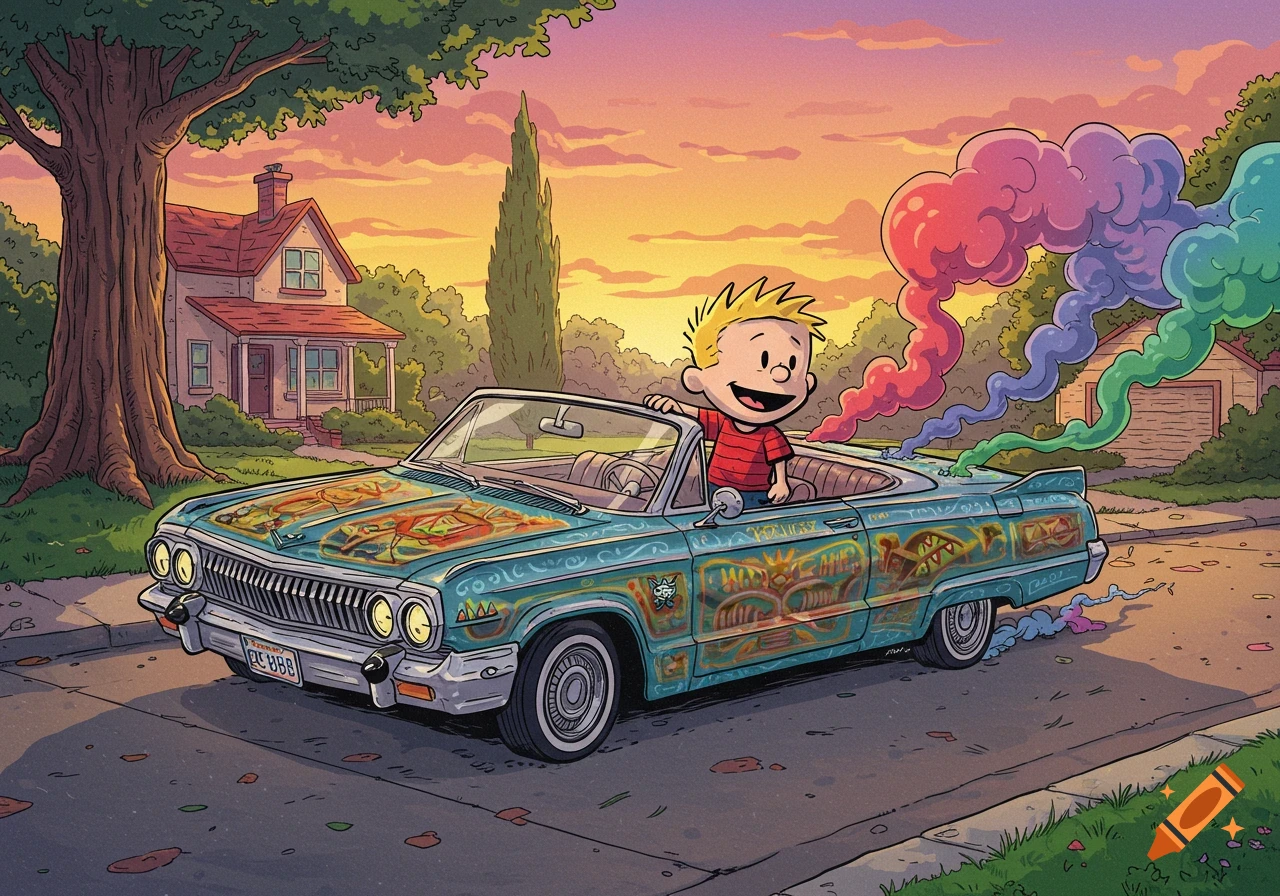 Cartoon Calvin in a customized blue lowrider convertible, with colorful smoke from the exhaust, on a suburban street at sunset.