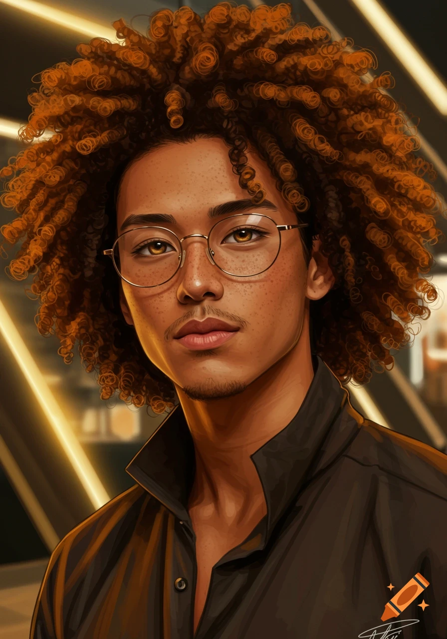 Digital art portrait of a mixed-race man with golden-brown curly hair, amber eyes, glasses, and freckles, wearing a dark shirt.