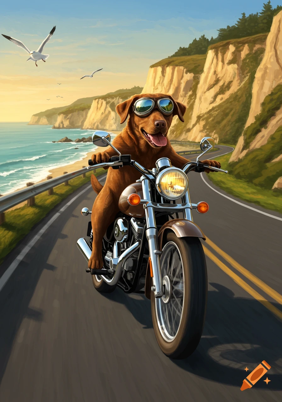 A happy brown dog wearing goggles rides a motorcycle along a scenic coastal highway with cliffs and seagulls.