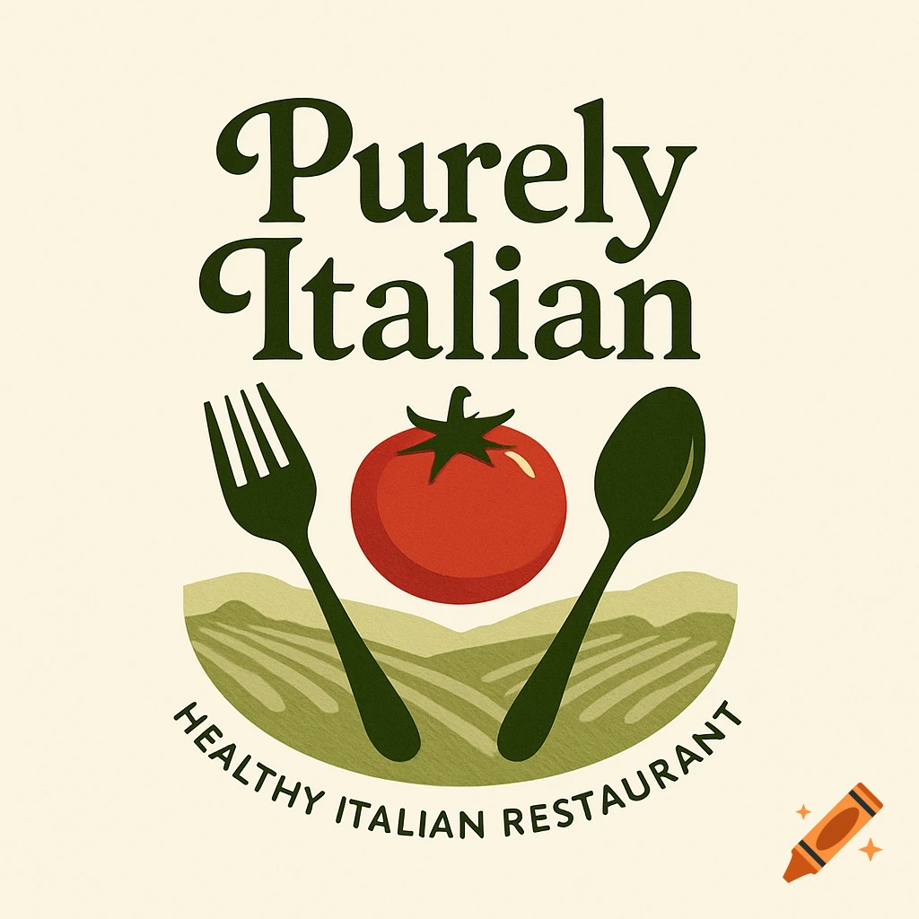 Logo for Purely Italian restaurant with text 'Purely Italian', a fork, spoon, and tomato over green fields, and 'HEALTHY ITALIAN RESTAURANT'.