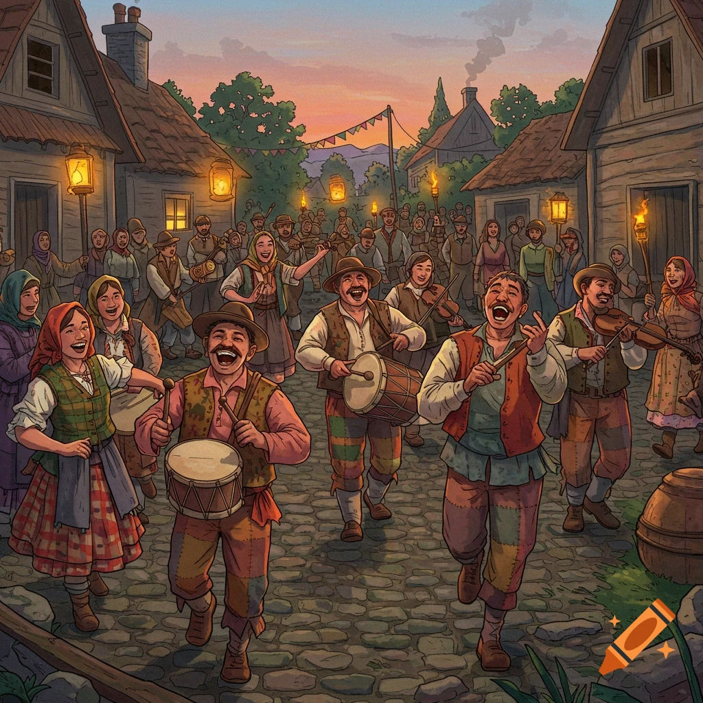 An illustrated village scene at dusk with a large crowd of people celebrating, playing drums and violins on a cobblestone street.