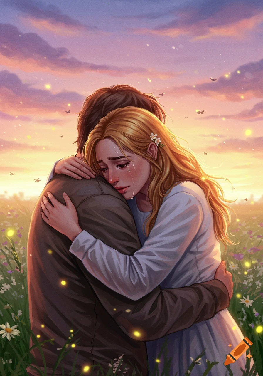 A crying blonde woman in a white dress embraces a man in a field at sunset, with glowing fireflies.