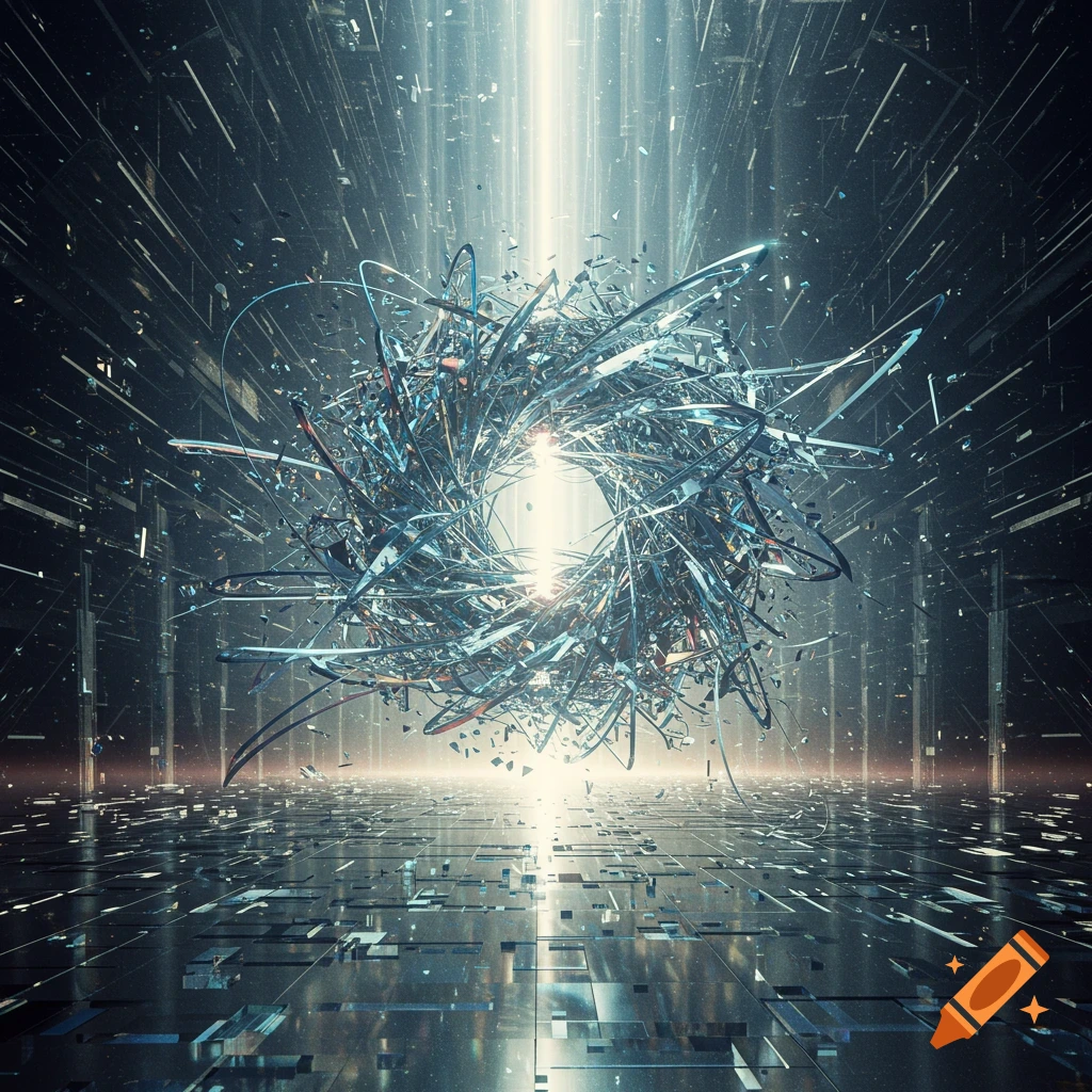 A chaotic, luminous ring of metallic shards and light hovers in a dark, futuristic digital space with glowing lines.